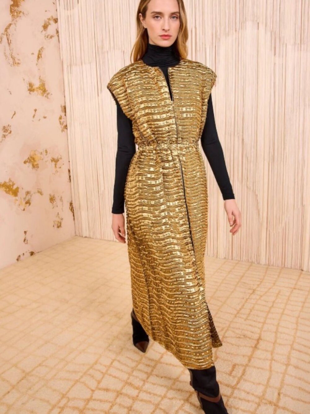 Ulla Johnson Gold Sequined Sleeveless Maxi Coat